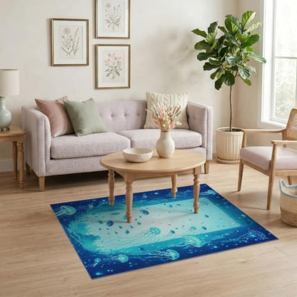 4'x6' Washable Kawaii Fish Area Rug, Blue Flatwoven Floor Mat for Home Office, Gaming Room, Under Desk, Non-Slip Chair-Friendly Carpet | Ref:1911370