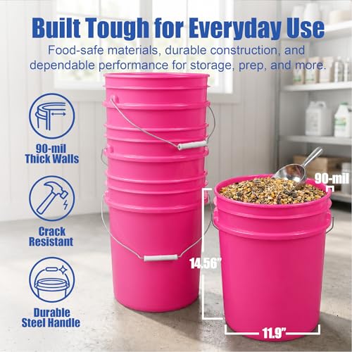 5 Gallon Bucket - Food Grade Bucket with Airtight Gasketed Tear Strip Lid, BPA-Free, Heavy-Duty 90 Mil HDPE Plastic Pail, Bulk Storage, Durable Container, Made in USA - Pink, 6 Packs - color: Pink, size: 6 Packs