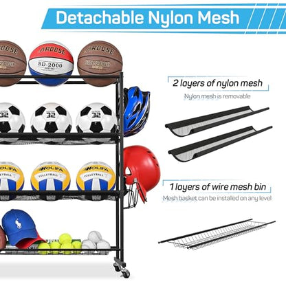 4-Tier Basketball Rack with Wheels, Ball Storage Organizer for Garage