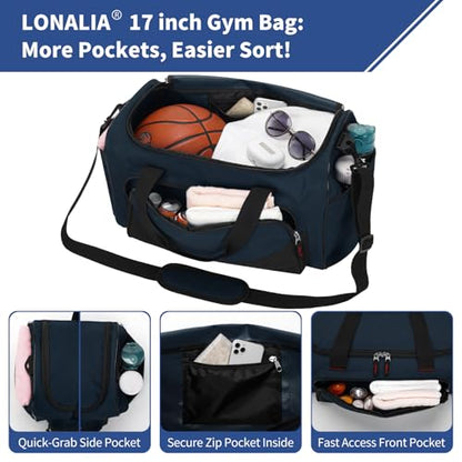 30L Gym Sport Duffle Bag, 17 inch, Navy Blue - color: Navy Blue