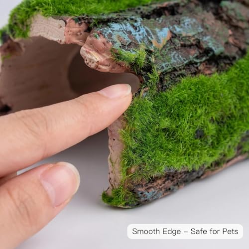 Reptile Hideout & Aquarium Cave Decor 2-Pack, Resin Hollow Log Hide for Fish Tank, Shrimp Turtle Lizard Betta Hiding Spot, Aquarium Ornament with Moss Look, 2.5"-4.1"