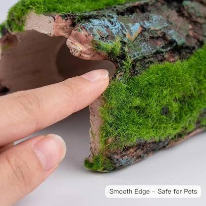 Reptile Hideout & Aquarium Cave Decor 2-Pack, Resin Hollow Log Hide for Fish Tank, Shrimp Turtle Lizard Betta Hiding Spot, Aquarium Ornament with Moss Look, 2.5"-4.1"