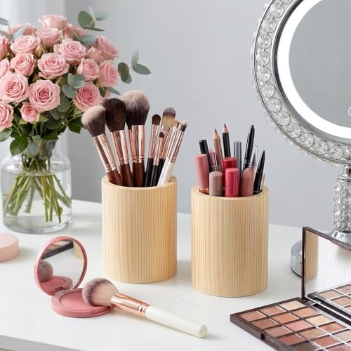 8-Pack Wood Pen Holder, 4 Inch Round Pencil Holder, Desk Organizer Cups, Unfinished Brown Pine Wood Craft Cylinders for DIY, Makeup Brushes, Utensils