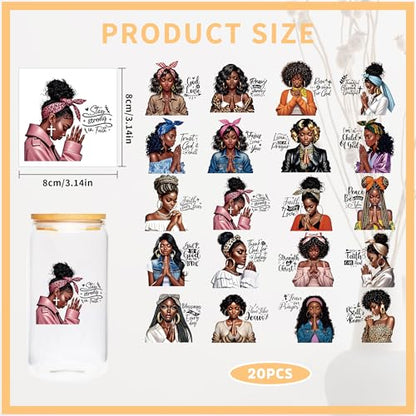 Black Girl UV DTF Cup Wraps - 20 Sheet Pray UV DTF Transfer Decals, Black Girl UVDTF Cup Wraps for Glass, Inspirational Waterproof Transfer Sticker, DIY Crafts for Women - color: Girl531