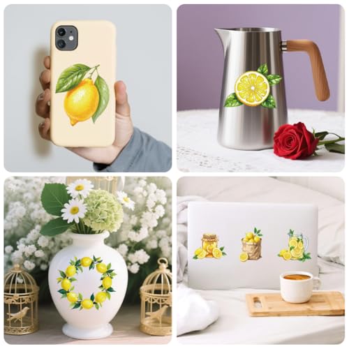 Peacoblue 18 Sheets Rub on Transfers for Crafts, Lemon 3.6"x3.9" UV DTF Cup Wraps Waterproof Rub on Cold Transfers Stickers for Wood Glass Metal Cup Tumblers Mirrors Mugs Home Decor - style: Lemon