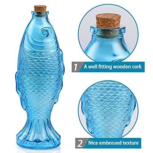 3-Pack Fish Shaped Glass Bottles, Decorative Bottles with Cork Stopper, Fish Decanters for Gift, Bar, Home Decor, Capacity 500ml/17.5oz (Blue)