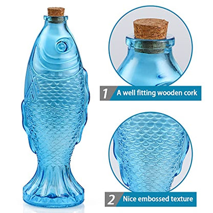 3-Pack Fish Shaped Glass Bottles, Decorative Bottles with Cork Stopper, Fish Decanters for Gift, Bar, Home Decor, Capacity 500ml/17.5oz (Blue)