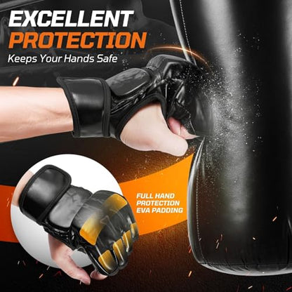 Flexzion MMA Gloves Fingerless Boxing Gloves for Men Women and Teen Youth, UFC Grappling Krav MAGA Kickboxing Gloves for Training Punching Bag Muay Thai Hitting Mitts Cutoff Martial Art Gloves - color: Black