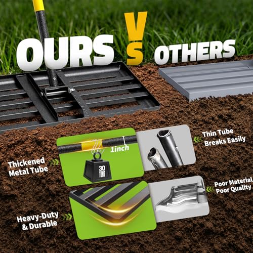 Lawn Leveling Rake, 5 FT Yard Leveler with 30 x 10 Wide Large Rakes Head for Smooth Garss Soil Sand Dirt, High Effect Ground Leveling Tool with Round Edge for Landscape Golf Course, No Flip - style: 5 FT