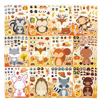 24 Sheets Fall Stickers for Kids Toddlers, Autum Animal Stickers Make-a-face Sticker Make Your Own Sticker 8 Designs of Animal Owl Squirrel Hedgehog Fox Fall Party Decorations Supplies - style: Fall Animal Stickers