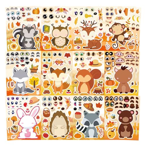 24 Sheets Fall Stickers for Kids Toddlers, Autum Animal Stickers Make-a-face Sticker Make Your Own Sticker 8 Designs of Animal Owl Squirrel Hedgehog Fox Fall Party Decorations Supplies - style: Fall Animal Stickers