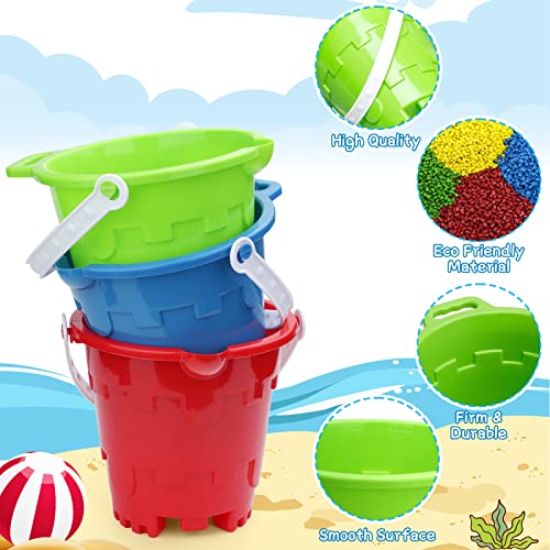 Beach Sand Toy Bucket Gear For Kids Adult, 7" Plastic Beach Castle Mold Buckets, Sand Pail Water Bucket for Summer Party Fishing, Space Saving Outdoor Waterpot for Garden Camping Accessory (3PCS)