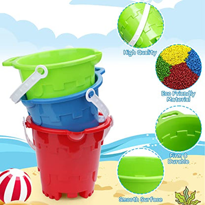 Beach Sand Toy Bucket Gear For Kids Adult, 7" Plastic Beach Castle Mold Buckets, Sand Pail Water Bucket for Summer Party Fishing, Space Saving Outdoor Waterpot for Garden Camping Accessory (3PCS)