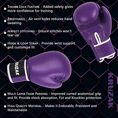 Kruzak Plain Boxing Gloves for Sparring, Kickboxing, Muay Thai, Martial Arts & MMA Fighting - Men & Women Punch Bag Mitts Training and Focus Pads Punching - color: Purple, size: 10 oz