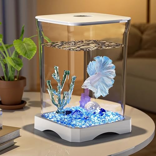 Small Fish Tank - LED Aquarium, Acrylic Mini Bowl with Feeding Hole, Compact Betta Container, Clear Stylish Design | Home Office Decoration, Desktop Display, Bedroom Aquarium, Small Aquatic Habitat - color: White