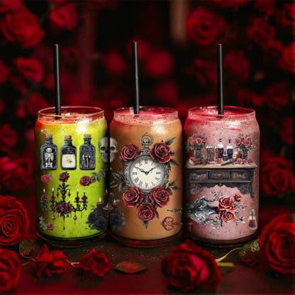 32 Pcs Gothic UV DTF Cup Wraps for 16OZ Glass, 4.3 x 9.4 Inch Skull Rose UV DTF Transfer Stickers Waterproof Rub on Transfer Decals for Glass Bottle Vase Furniture Crafts - style: Skull and Rose