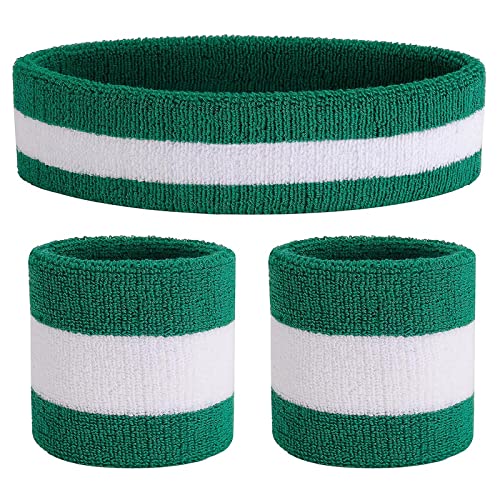 ONUPGO Sweatband Set Sports Headband Wristband Set Sweatbands Terry Cloth Wristband Wrist Sweatband Headbands Moisture Wicking Sweat Absorbing Head Band - color: Green/White/Green