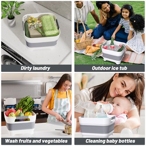 Collapsible Dish Basin with Drain Plug, 9L(2.4Gal) Capacity, Space Saving Portable Sink for Baby bottle, Kitchen, Camping& RV, Gray