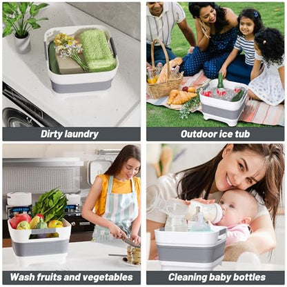 Collapsible Dish Basin with Drain Plug, 9L(2.4Gal) Capacity, Space Saving Portable Sink for Baby bottle, Kitchen, Camping& RV, Gray