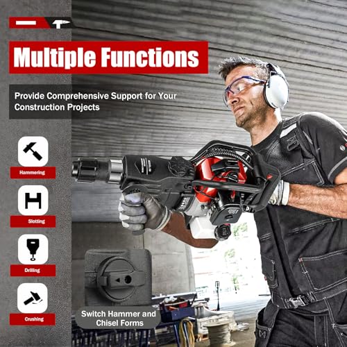 33CC 2 Stroke Gas Powered Demolition Jack Hammer, 3-in-1 Gasoline Hammer Drilling Machine Breaker Punch Drill Chisels Heavy Duty Gasoline Concrete Breaker Rock Drill for Crushing, Chiseling