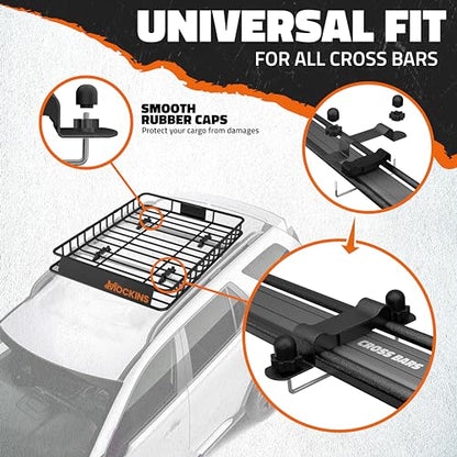 Mockins 50"x36"x4.5" Extendable Car & SUV Rooftop Cargo Carrier 250Lbs Cap | Heavy Duty Roof Rack Basket | Car Topper Luggage Carrier Waterproof & All-Weather Steel Set with Ratchet Straps & Cargo Net - size: Basket: 50"x36"x4.5"