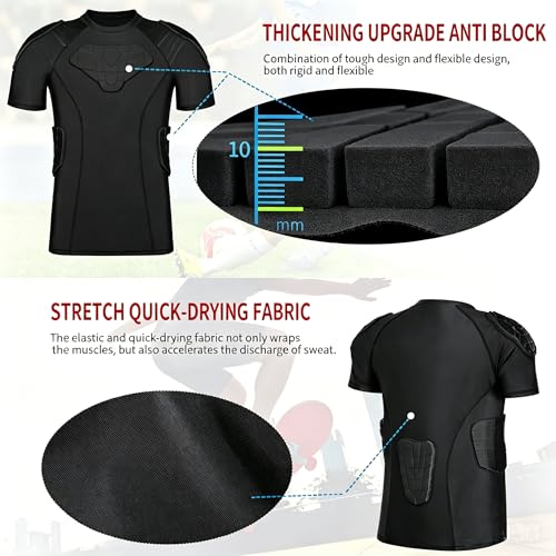TUOY New Football Rib Chest Protector Shirt Padded Compression Shirts 6 Pads Adult Sizes Dark Black - color: A Black, size: XX-Large