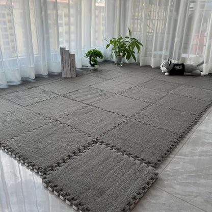 Interlocking Carpet Shaggy Soft EVA Foam Mats Fluffy Square Thickened Plush Tiles Protective Floor Tiles Exercise Play Mat for Children Kids Room Home Parlor Bedroom (Grey, 12 Pcs) - color: Grey