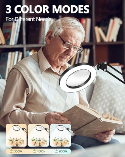 TANYO 10X Magnifying Glass with Light, Real Glass Len Magnifier with Light with 3 Color Mode Dimmable, Dual Swing Arm Hands Free LED Desk Magnifier Lamp for Jewelry Sewing Crafts Embroidery Repair
