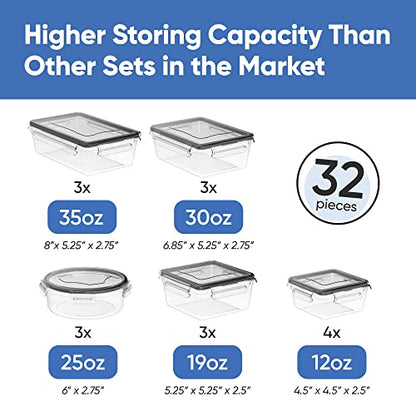 Chef's Path 32 Piece Airtight Food Storage Containers with Easy Snap Lids, 16 Containers and Lids, Stackable Kitchen and Pantry Canisters for Meal Prep and Food Storage - Transparent