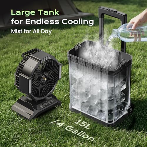 4 Gal Large Misting Bucket Fan Portable, 40000mAh Rechargeable Mister Fan with Retractable Handle & Oscillating Camping Fan for Patio/Beach/Fishing/Golf/Travel Essentials - color: Black