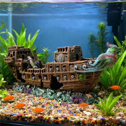 Aquarium Shipwreck Decoration,Pirate Ship Ornament Made of Resin, Eco-Friendly Sunken Ship Accessory for Freshwater & Saltwater Tanks