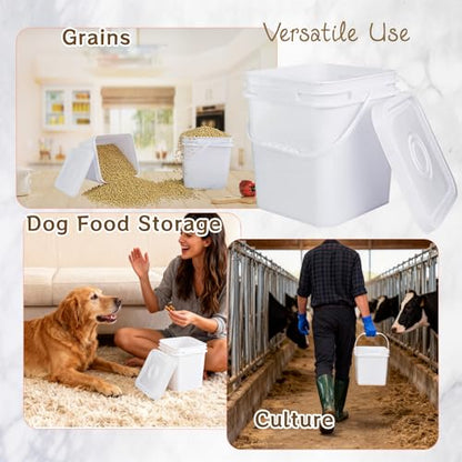 6 Pcs 3.5 Gallon Square Bucket with Plastic Handles and Lid White Lightweight Square Bucket Pail for Storing Charcoal,Dry Food, Fishing, Camping