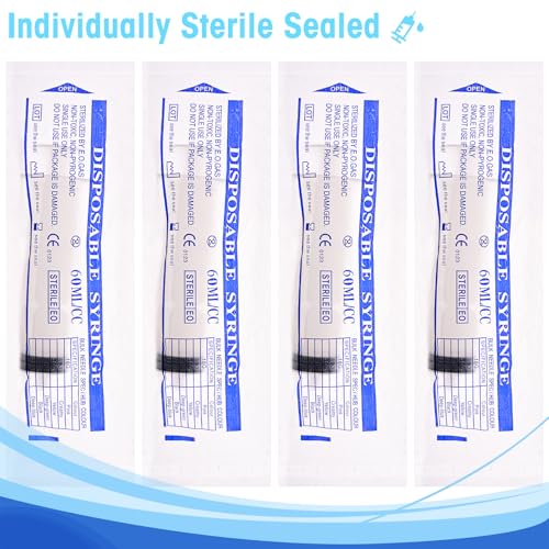 60ml Syringes without Needle for Liquid, Large Plastic Syringe with Adapter and cap for Pet Feeding, Plant Irrigation, Scientific Labs, Measuring Liquids, Individually Wrapped, 4 Pack