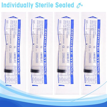 60ml Syringes without Needle for Liquid, Large Plastic Syringe with Adapter and cap for Pet Feeding, Plant Irrigation, Scientific Labs, Measuring Liquids, Individually Wrapped, 4 Pack