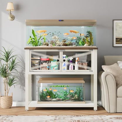 40-50 Gallon Aquarium Stand with Heavy Duty Metal Frame, Fish Tank Stand with Power Outlets, Two Glasses Door Storage Cabinet, Suitable for Turtle Tank, Reptile Tank, White+Brown