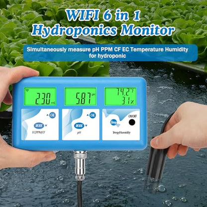 Hydroponic ppm pH Monitor, WiFi 6 in 1 pH EC Meter for Hydroponics Growing System,Continuous Monitoring pH PPM EC CF Humidity Temp of DWC Grow System Water Reservoir Tank Aeroponic Garden Aquarium - color: Blue Hydroponic Meter