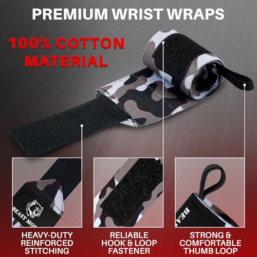Elastic Cotton Weightlifting Wrist Wraps with Thumb Loops, 1 Pair - color: Black Camo, style: 18" – Arms on Fire