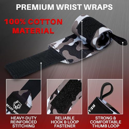 Elastic Cotton Weightlifting Wrist Wraps with Thumb Loops, 1 Pair - color: Black Camo, style: 18" – Beast Mode