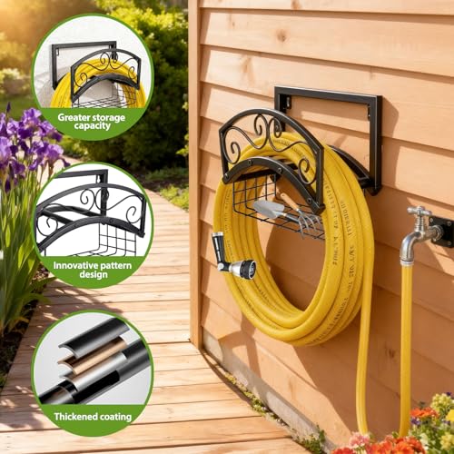 Garden Hose Holder Wall Mount, Heavy Duty Metal Water Hose Holder with Basket for Outside, Hose Storage Holds 150FT Water Pipe for Yard, Lawn, Garden, Farm, Gifts for Women Men - style: Wall Mount with Bracket