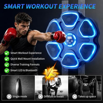Leann L!fe Music Boxing Machine, Bluetooth Wall Mounted Boxing Trainer for Adults & Teens, Strong Adhesive Mount (No Drill), 11 Modes & 9 Speeds, 2 Pairs of Boxing Gloves & Reflex Ball, Blue Light - color: Black-Blue Light