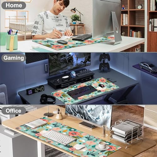 Colorful Flowers and Berries Desk Mat,Large Beautiful Floral Branches Gaming Keyboard Mouse Pad,Non-Slip Rubber Base Desk Pad Thick Stitched Edges Waterproof Mousepad Mouse Mat 31.5"x11.8" - color: Colorful Flowers and Berries