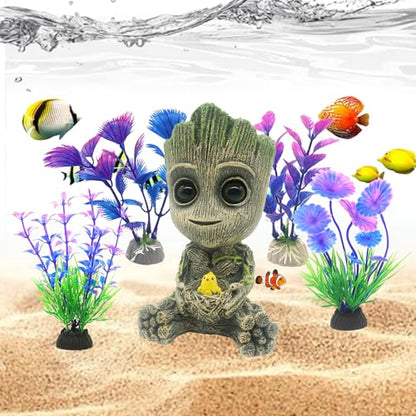 Aquarium Groot Air Bubbler Fish Tank Decorations, Fish Tank Air Stone Set with Bubble Accessories 6 pcs and Aquatic Plants 4 Pcs.