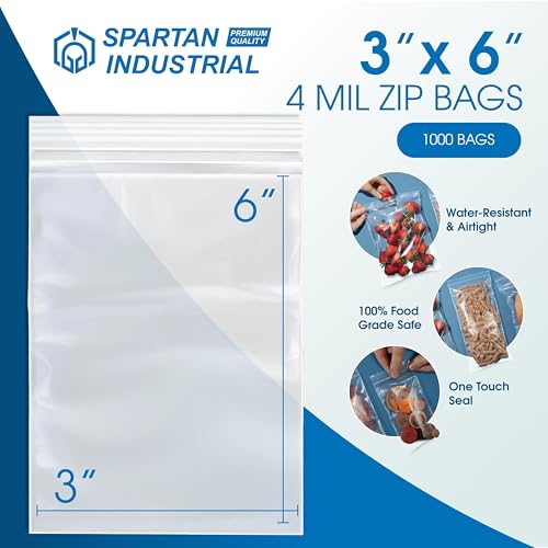 Spartan Industrial - 3" X 6" Heavy-Duty Small Zip Bags (1000 Count) - 4 Mil Plastic Bags for Packaging, Parts, Crafts - size: 3" X 6"