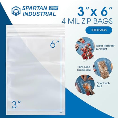 Spartan Industrial - 3" X 6" Heavy-Duty Small Zip Bags (1000 Count) - 4 Mil Plastic Bags for Packaging, Parts, Crafts - size: 3" X 6"