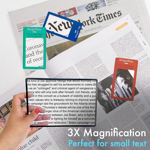 MagniPros Premium 3X (300%) Page Magnifying Fresnel Lens Magnifier 4.5" x 7" with 3 Bookmark Fresnel Lens Magnifiers for Reading Small Prints, Low Vision Aids & Solar Projects