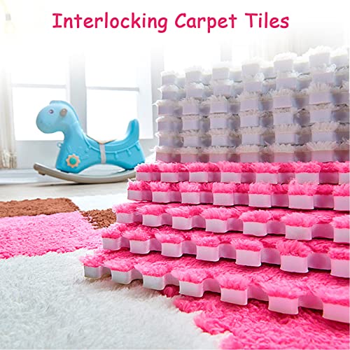 12 Pieces Thickened Plush Foam Interlocking Floor Mat,Fluffy Square Foam Tiles with 12 Edgings,Soft Anti-Slip Puzzle Area Rug Playmat for Bedroom,12X12inch,12 Tiles/11.6 Sq.Ft,Pink - color: Pink
