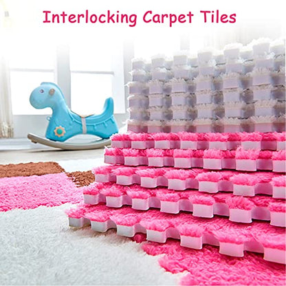 12 Pieces Thickened Plush Foam Interlocking Floor Mat,Fluffy Square Foam Tiles with 12 Edgings,Soft Anti-Slip Puzzle Area Rug Playmat for Bedroom,12X12inch,12 Tiles/11.6 Sq.Ft,Pink - color: Pink