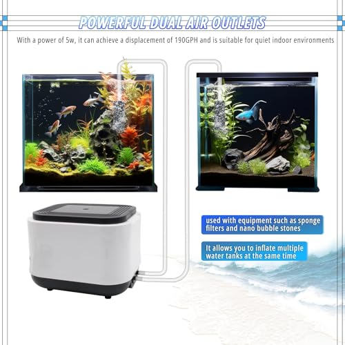 Aquarium Air Pump for Large Fish Tanks up to 300/600 Gallons Dual Outlet 5W/10W,190/260GPH Adjustable Aerator with Air Stones,Tubing & Check Valve-Portable Bubbler Box for Fish Tanks and Aquariums - size: 5W-12L