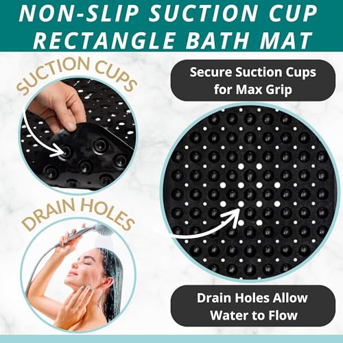 Bath Mat – 40 x 16 Inch Extra Long Non Slip Bathtub Mat – Anti Slip Black Shower Mat with Suction Cups – Bathroom Mat for Tub and Smooth Shower Floors (Black 40x16) - color: Black