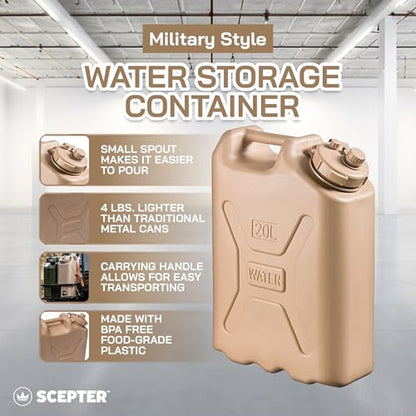 Scepter Portable Military Style Water Storage Jug & Container for Camping, 5 Gallon, Sand - Plastic Beverage and Hydration Dispenser for Outdoor Drinking, RV and Emergency Survival